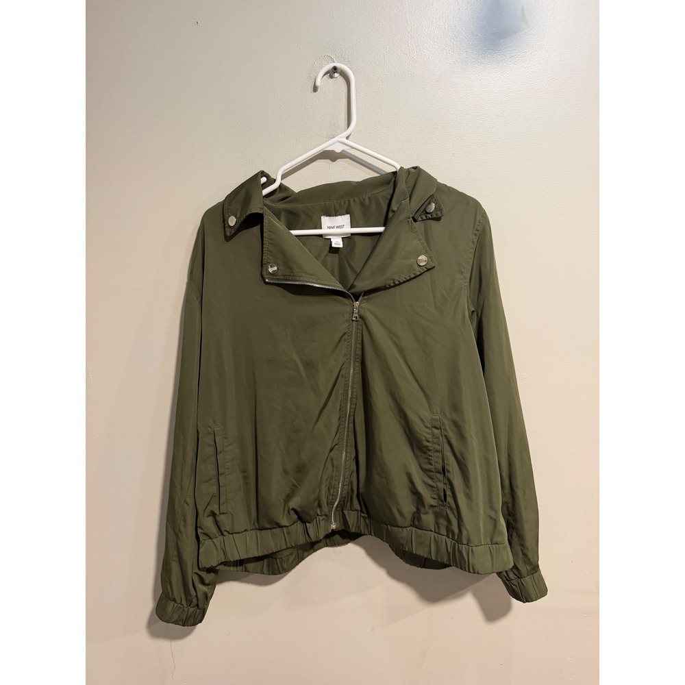 Nine West Womens XL Olive Green Moto Bomber Jacket Full Zip Lightweight Lined
